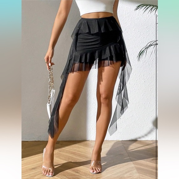 Wrap Asymmetrical Mini Skort Stretch Mesh Ruffle Trim Draped Side Skirts - Picture 1 of 6
